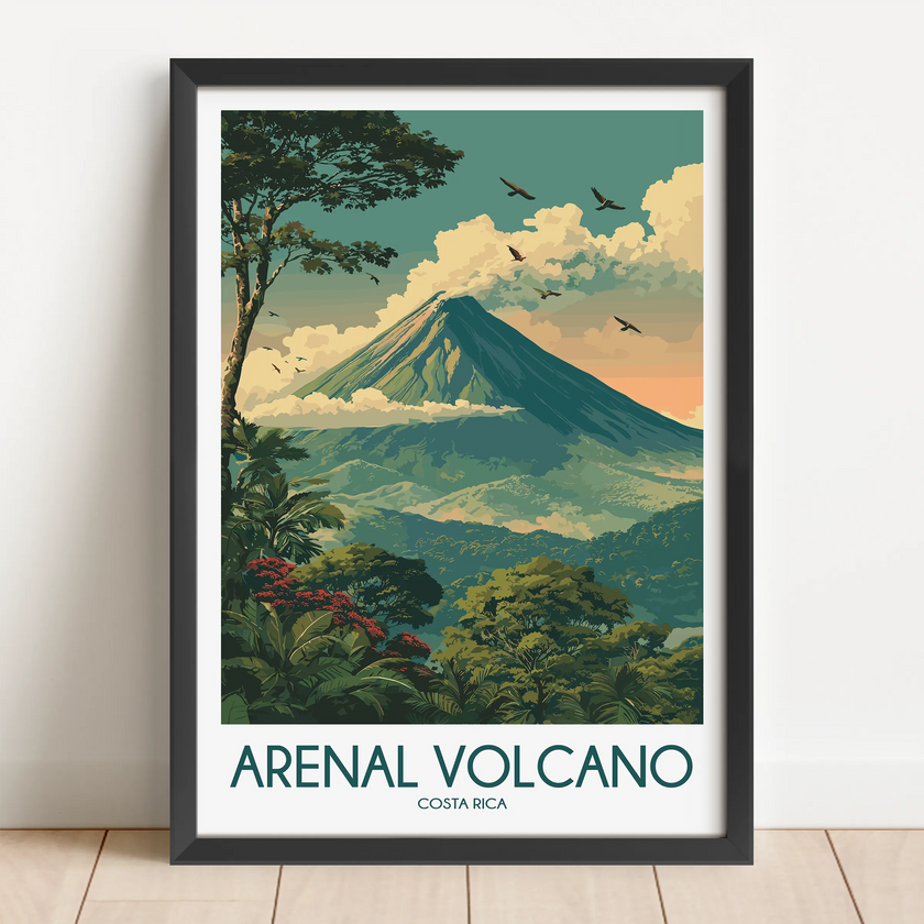 Arenal Volcano Retro Travel Illustration