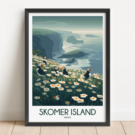 Skomer Island Retro Travel Illustration